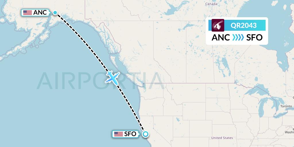 QR2043 Qatar Airways Flight Map: Anchorage to San Francisco