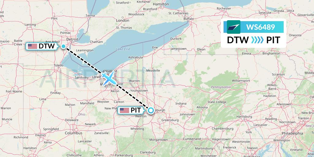 WS6489 WestJet Flight Map: Detroit to Pittsburgh