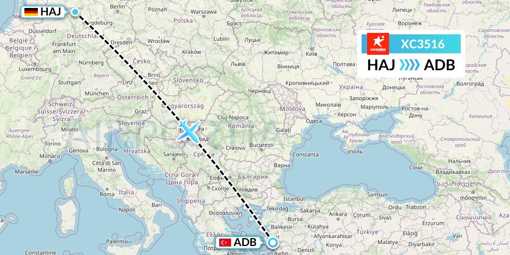 XC3516 Corendon Airlines Flight Map: Hannover to Izmir