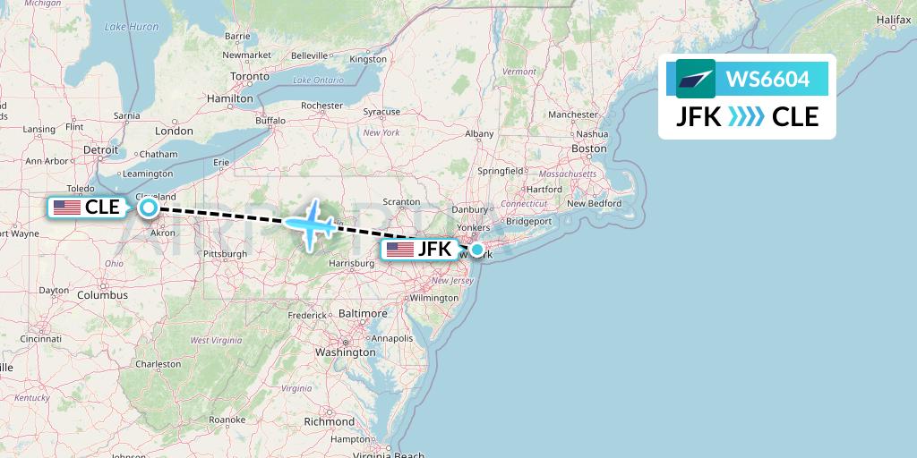 WS6604 WestJet Flight Map: New York to Cleveland