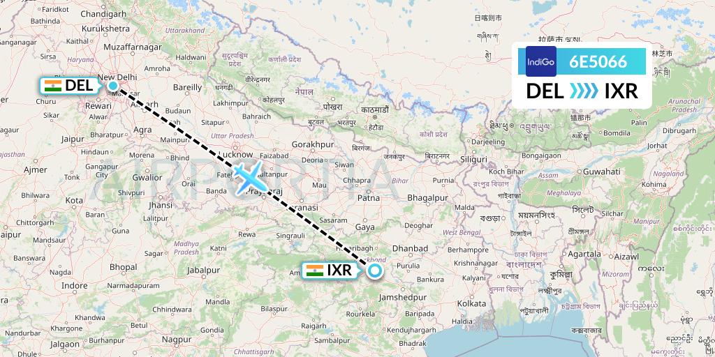 6E5066 IndiGo Airlines Flight Map: Delhi to Ranchi