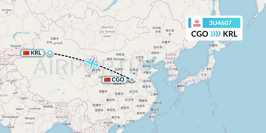 3U4607 Sichuan Airlines Flight Map: Zhengzhou to Korla