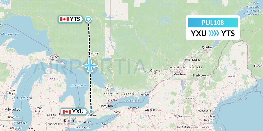 PUL108 Ornge Air Flight Map: London to Timmins