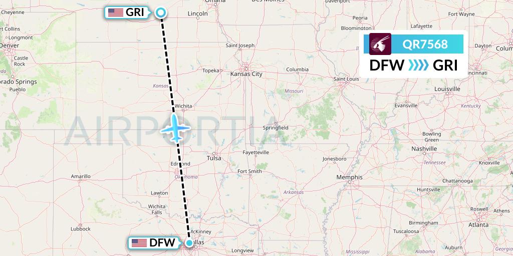 QR7568 Qatar Airways Flight Map: Dallas to Grand Island