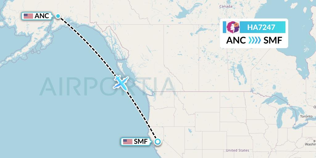 HA7247 Hawaiian Airlines Flight Map: Anchorage to Sacramento