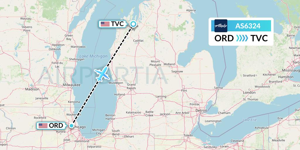 AS6324 Alaska Airlines Flight Map: Chicago to Traverse City