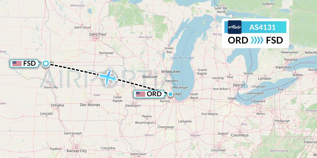 AS4131 Alaska Airlines Flight Map: Chicago to Sioux Falls