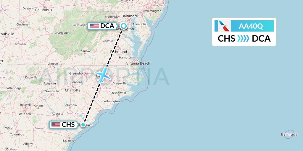 AA40Q American Airlines Flight Map: Charleston to Washington