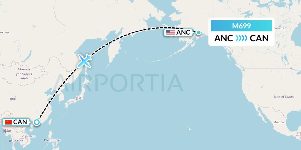 M699 Amerijet International Flight Map: Anchorage to Guangzhou