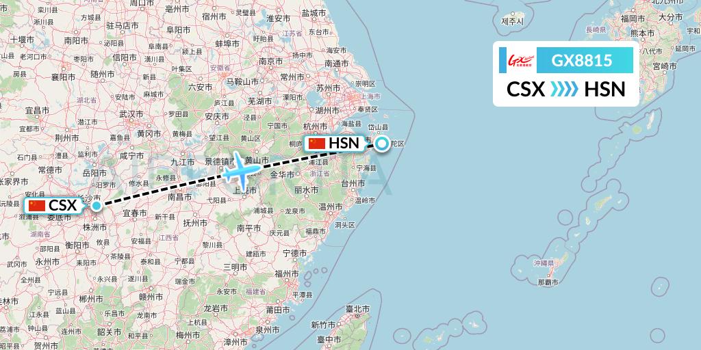 GX8815 GX Airlines Flight Map: Changsha to Zhoushan