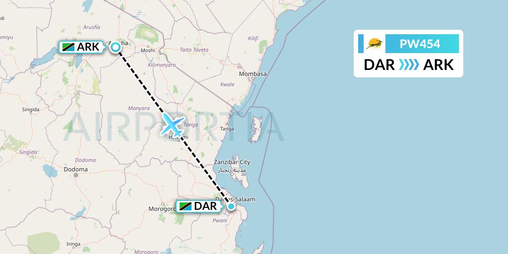 PW454 Precision Air Flight Map: Dar-es-Salaam to Arusha