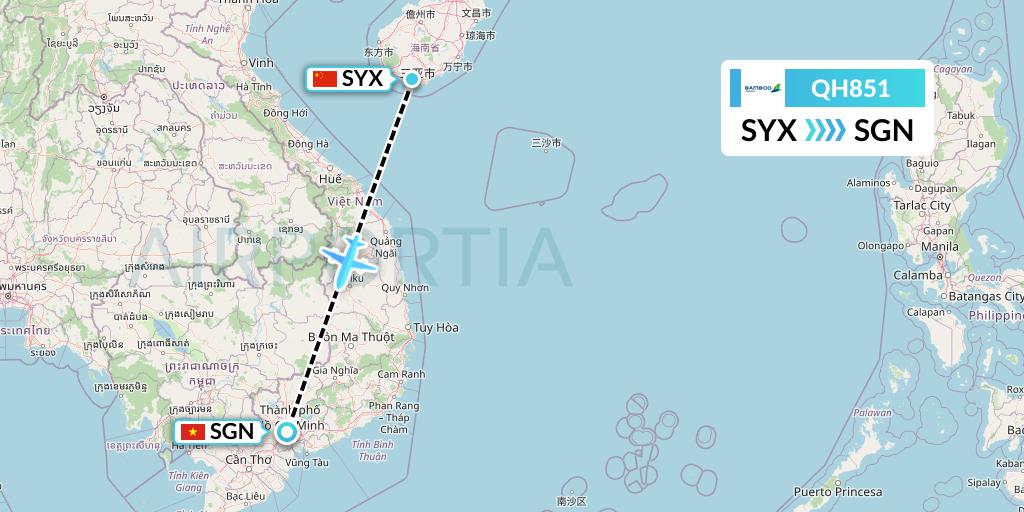 QH851 Bamboo Airways Flight Map: Sanya to Ho Chi Minh City