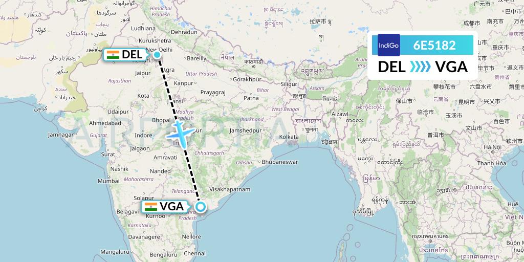 6E5182 IndiGo Airlines Flight Map: Delhi to Vijayawada