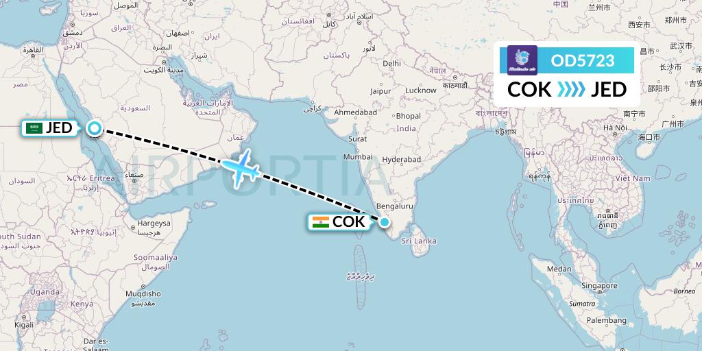 OD5723 Batik Air Malaysia Flight Map: Cochin to Jeddah