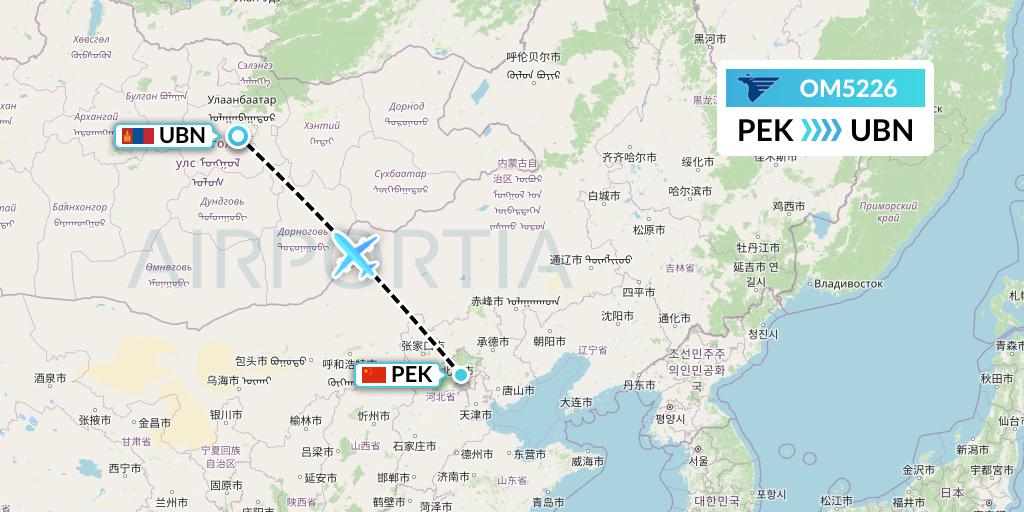 OM5226 MIAT Mongolian Airlines Flight Map: Beijing to Ulan Bator