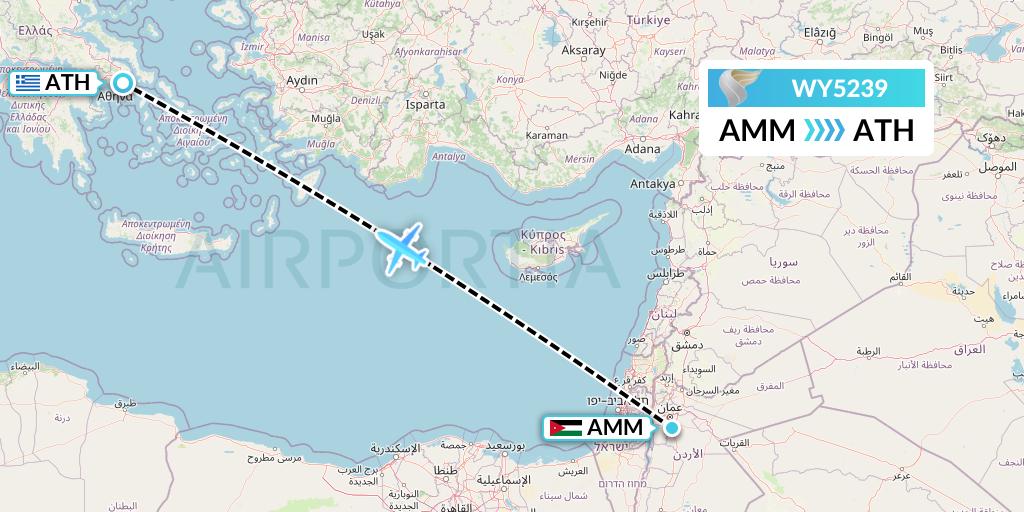 WY5239 Oman Air Flight Map: Amman to Athens