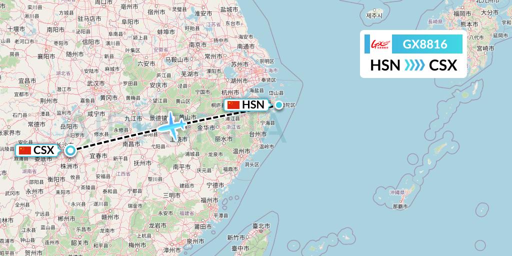 GX8816 GX Airlines Flight Map: Zhoushan to Changsha