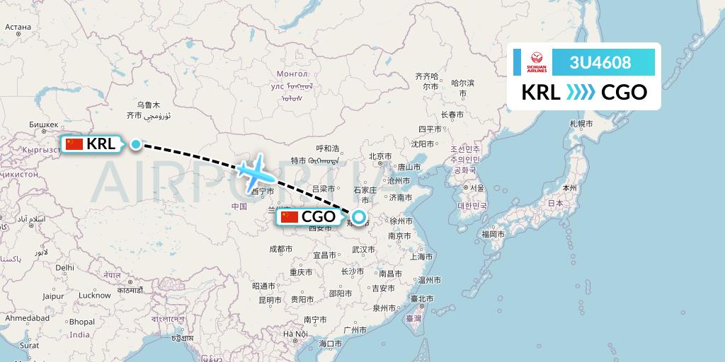 3U4608 Sichuan Airlines Flight Map: Korla to Zhengzhou