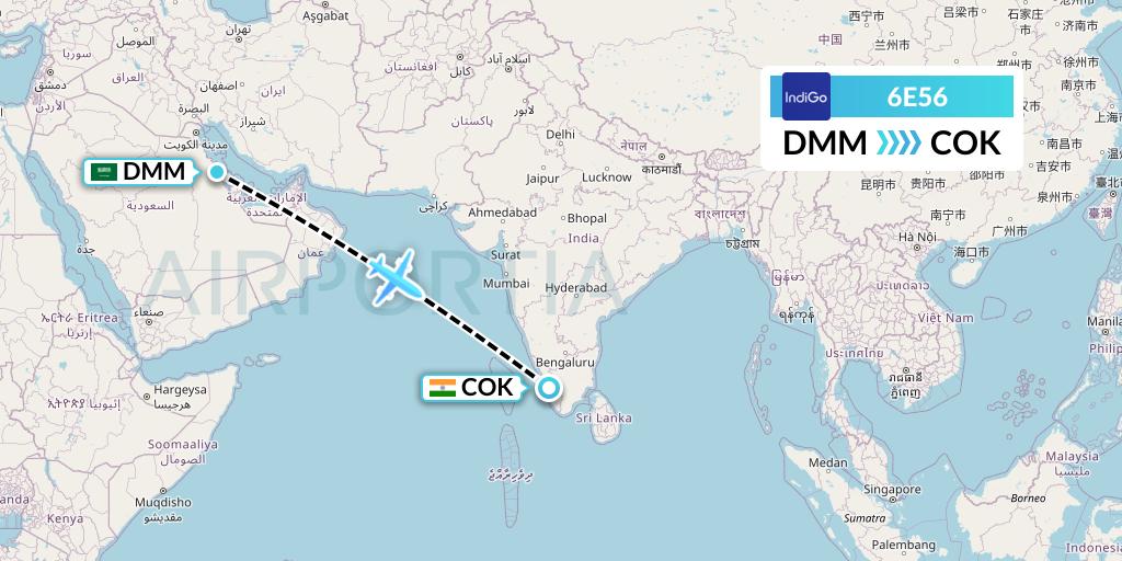 6E56 IndiGo Airlines Flight Map: Dammam to Cochin