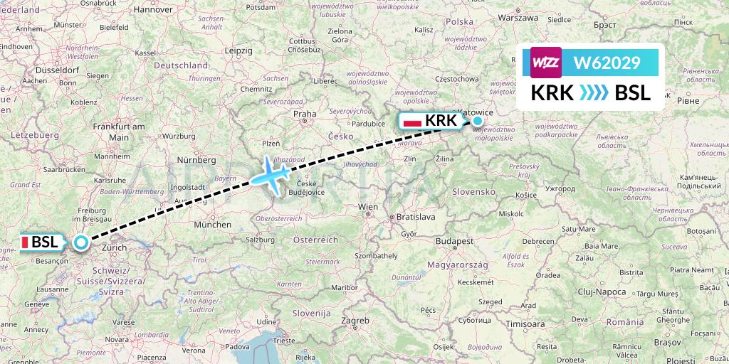 W62029 Wizz Air Flight Map: Krakow to Basel