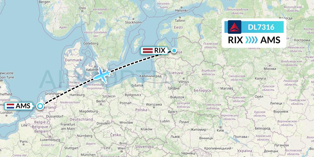 DL7316 Delta Air Lines Flight Map: Riga to Amsterdam