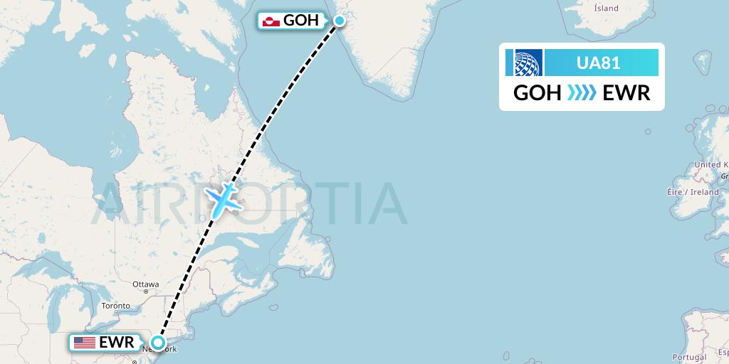 UA81 United Airlines Flight Map: Nuuk to New York