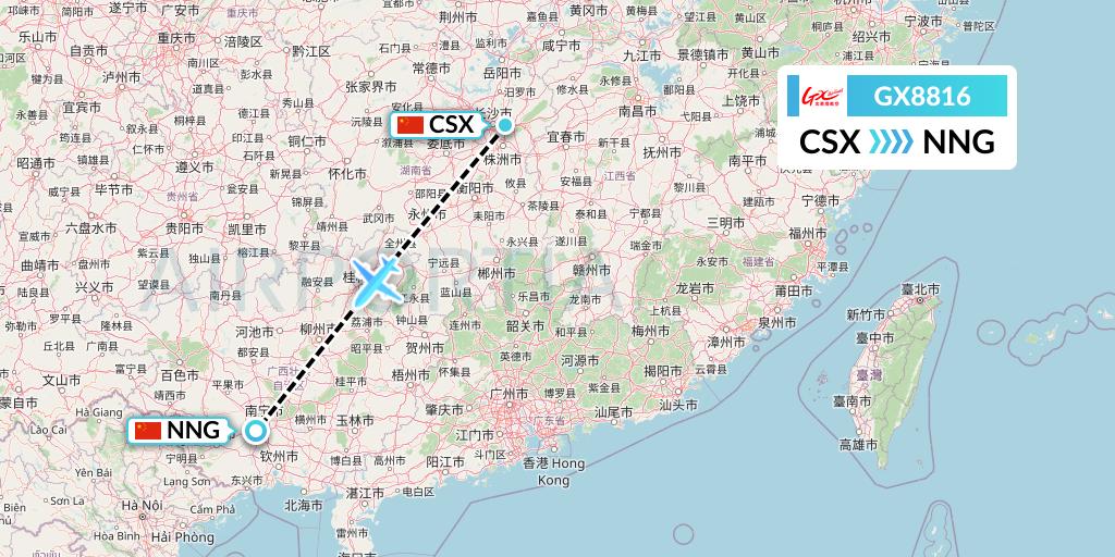 GX8816 GX Airlines Flight Map: Changsha to Nanning