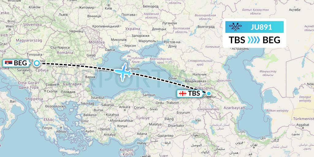 JU891 AirSERBIA Flight Map: Tbilisi to Belgrade