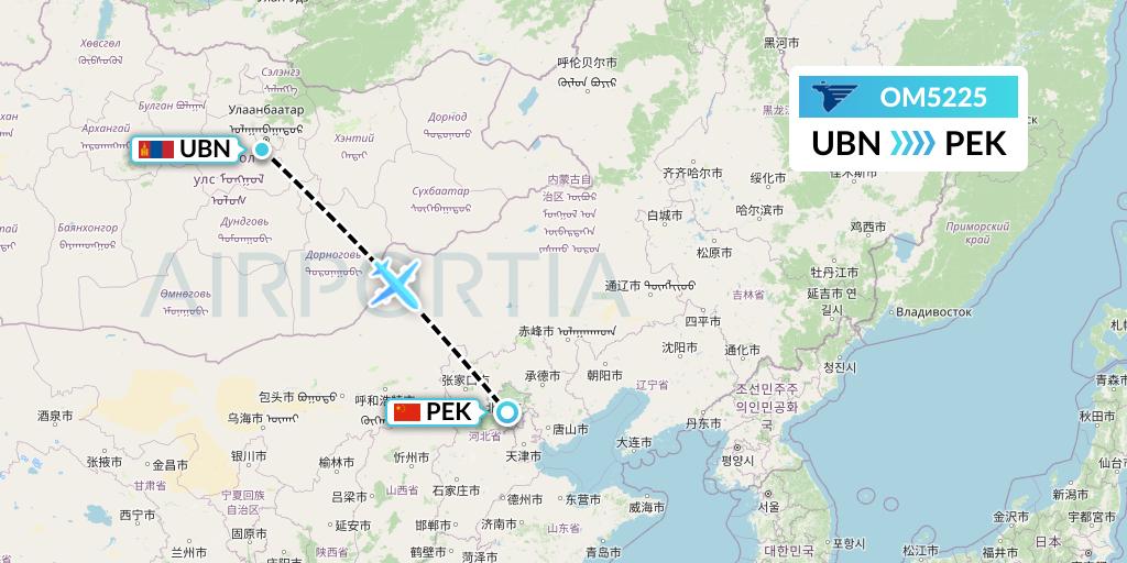 OM5225 MIAT Mongolian Airlines Flight Map: Ulan Bator to Beijing