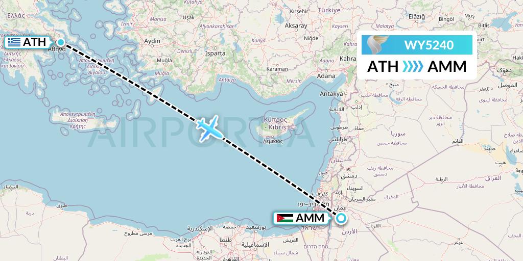 WY5240 Oman Air Flight Map: Athens to Amman