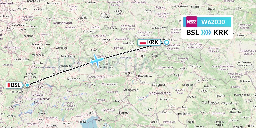 W62030 Wizz Air Flight Map: Basel to Krakow