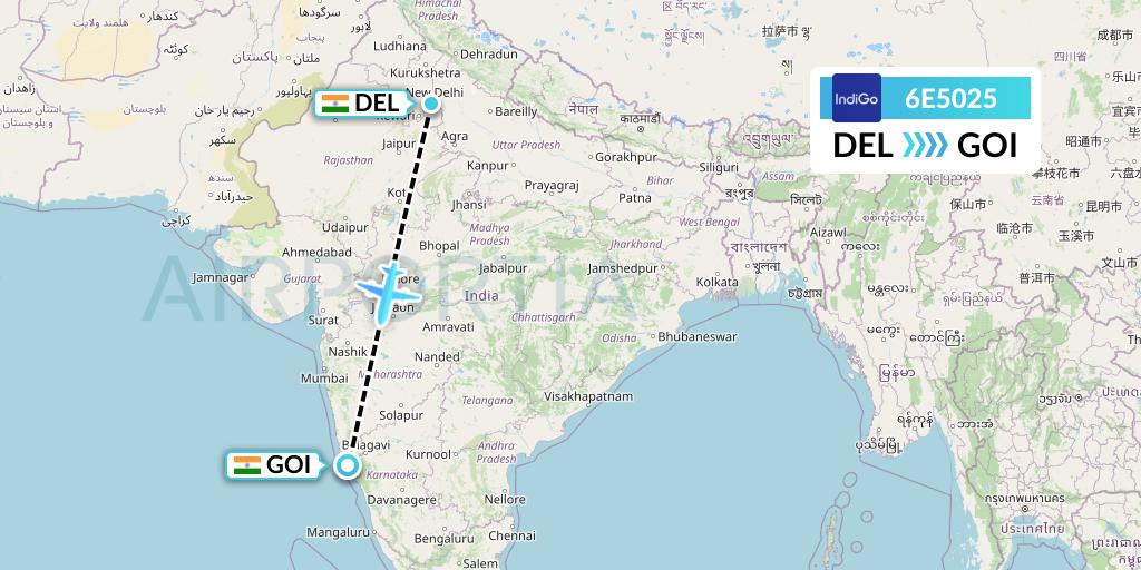 6E5025 IndiGo Airlines Flight Map: Delhi to Goa
