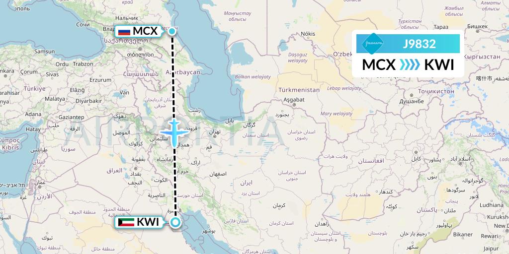 J9832 Jazeera Airways Flight Map: Makhachkala to Kuwait City