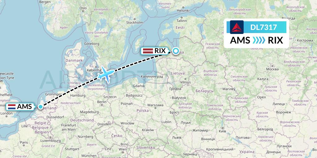 DL7317 Delta Air Lines Flight Map: Amsterdam to Riga