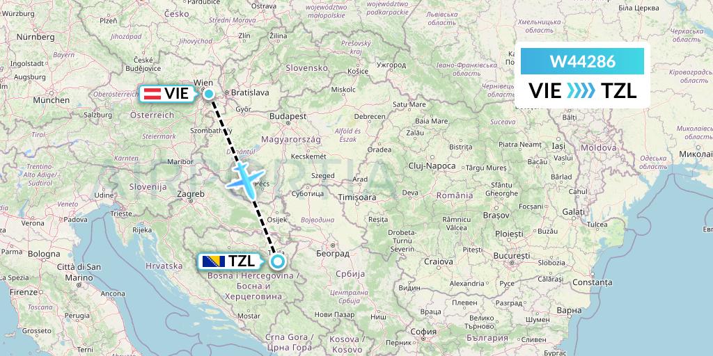 W44286 Wizz Air Malta Flight Map: Vienna to Tuzla