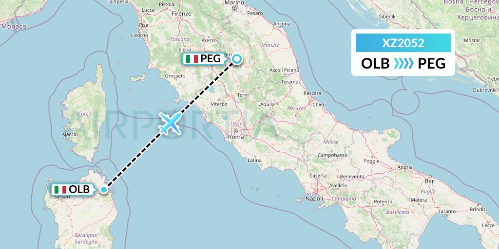 XZ2052 Aeroitalia Flight Map: Olbia to Perugia