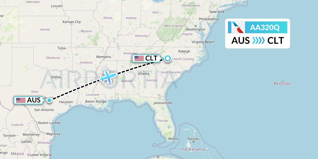 AA320Q American Airlines Flight Map: Austin to Charlotte