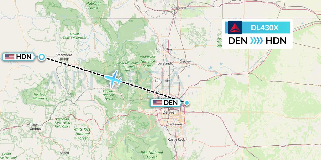 DL430X Delta Air Lines Flight Map: Denver to Hayden