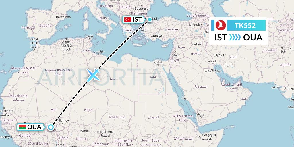 TK552 Turkish Airlines Flight Map: Istanbul to Ouagadougou