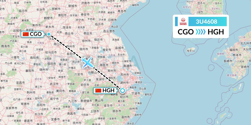 3U4608 Sichuan Airlines Flight Map: Zhengzhou to Hangzhou