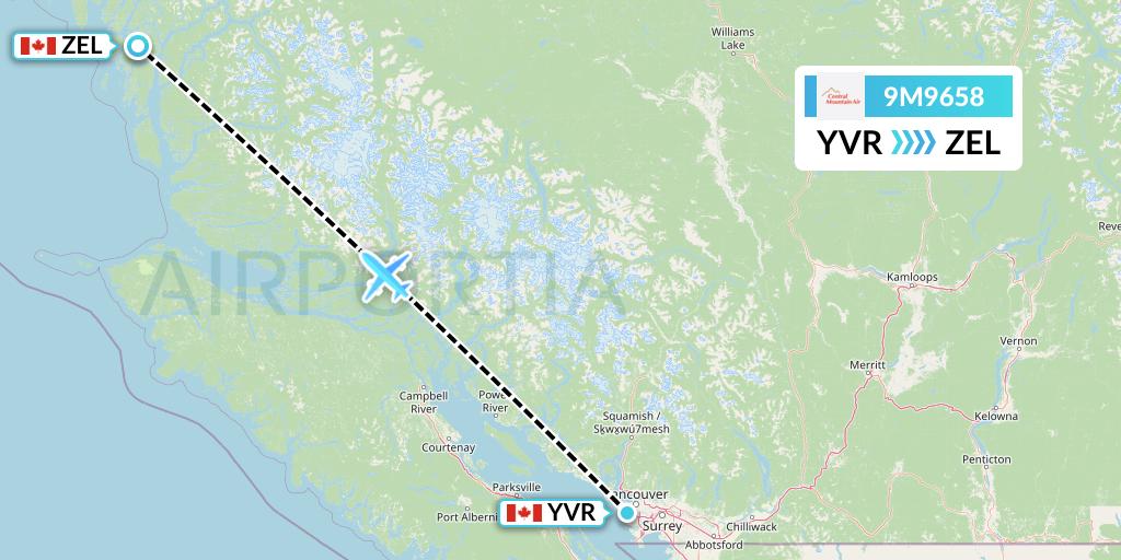 9M9658 Central Mountain Air Flight Map: Vancouver to Bella Bella