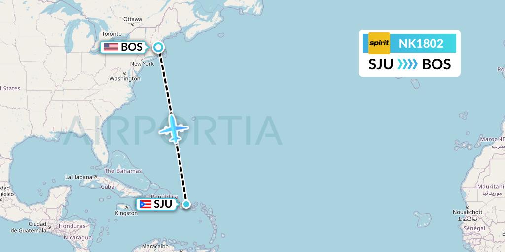 NK1802 Spirit Airlines Flight Map: San Juan to Boston