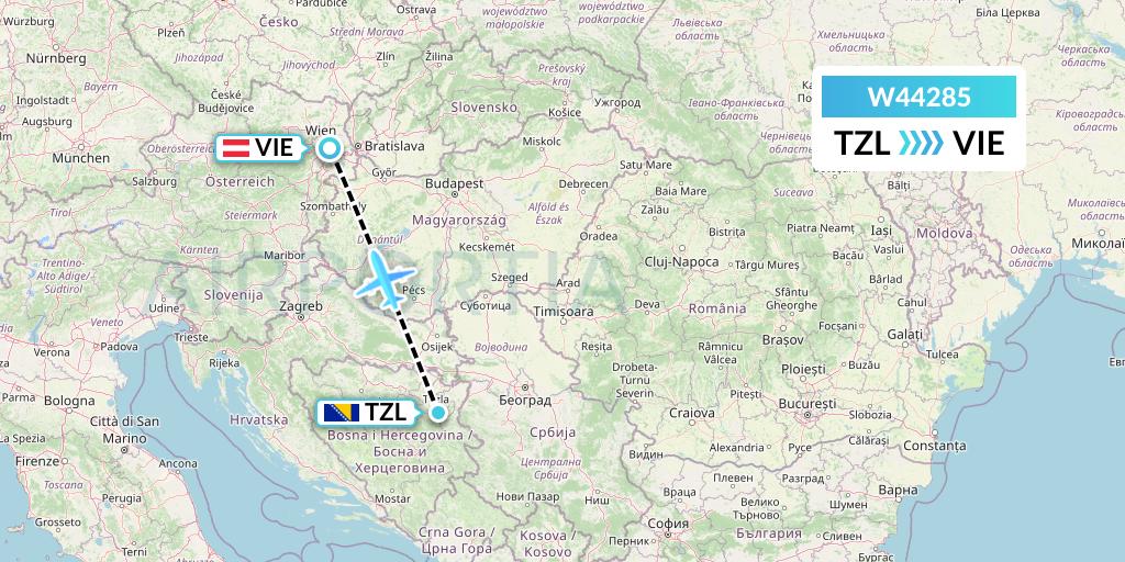 W44285 Wizz Air Malta Flight Map: Tuzla to Vienna
