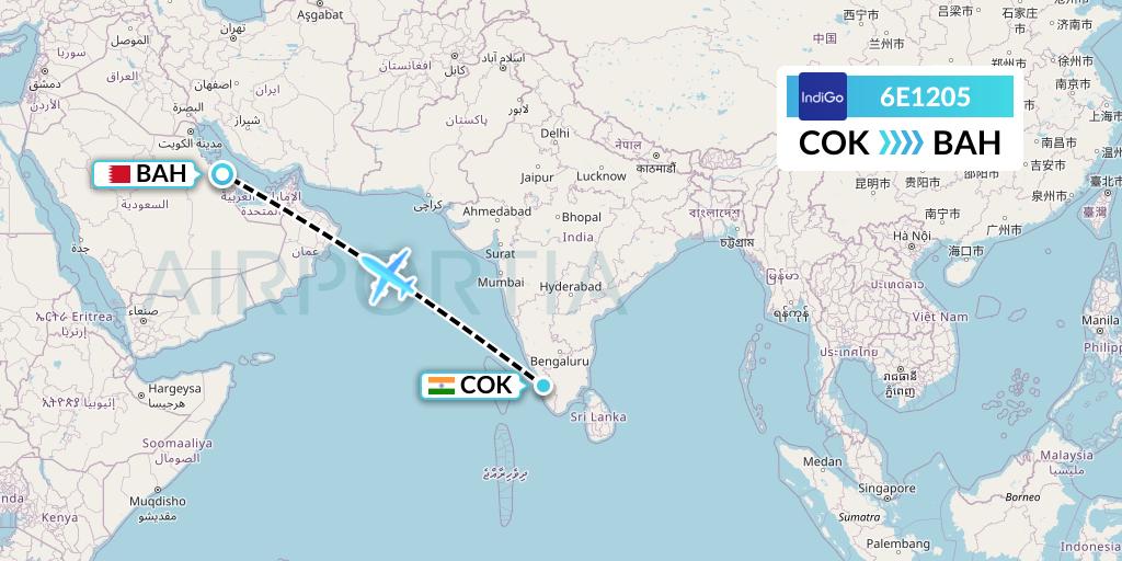6E1205 IndiGo Airlines Flight Map: Cochin to Bahrain