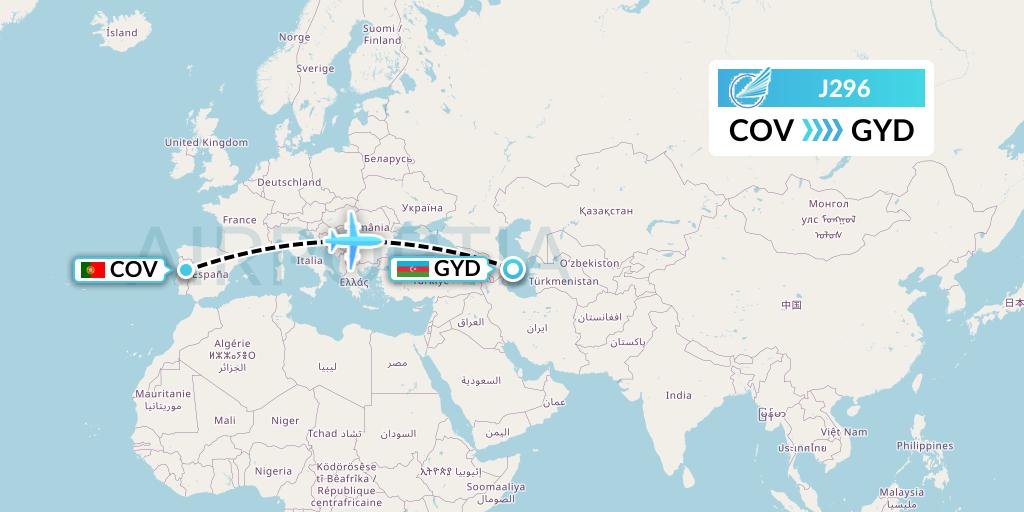 J296 Azerbaijan Airlines Flight Map: Portugal to Baku