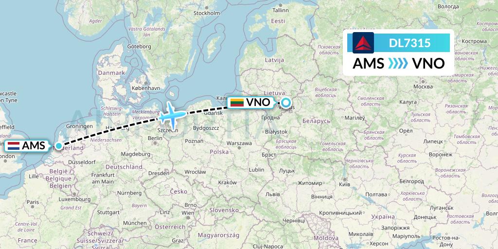 DL7315 Delta Air Lines Flight Map: Amsterdam to Vilnius