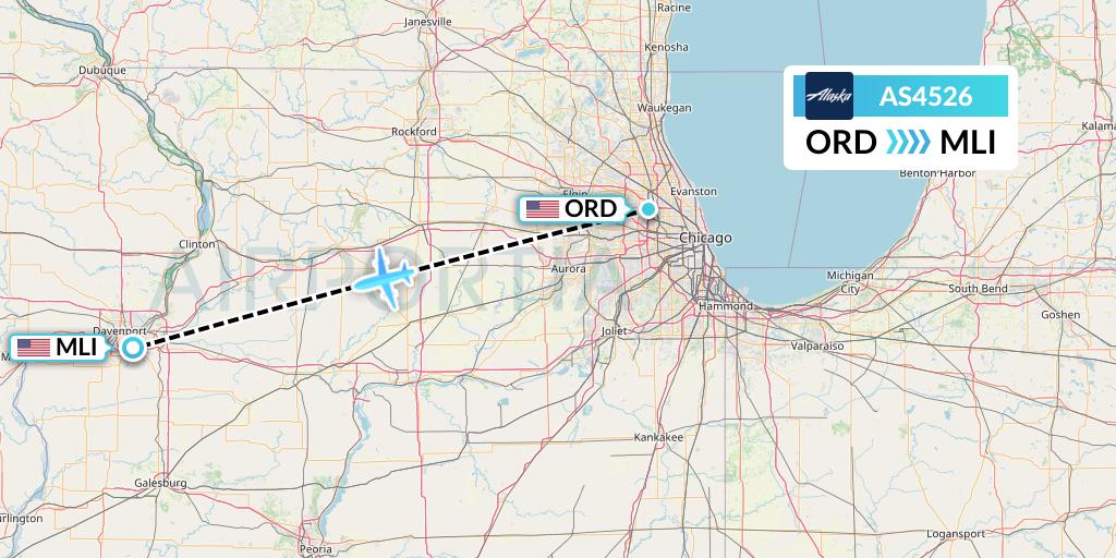 AS4526 Alaska Airlines Flight Map: Chicago to Moline