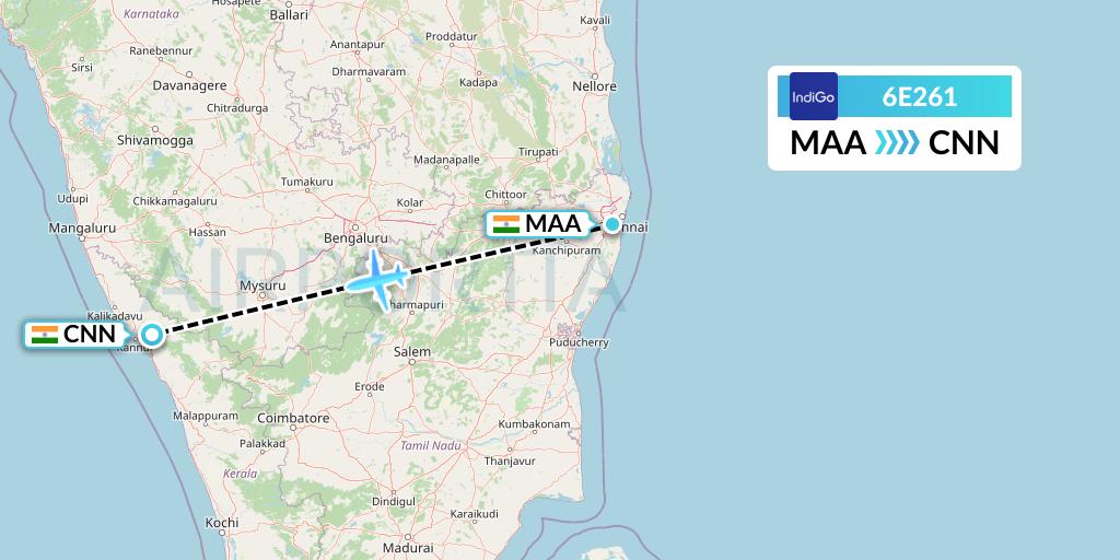6E261 IndiGo Airlines Flight Map: Chennai to Mattannur