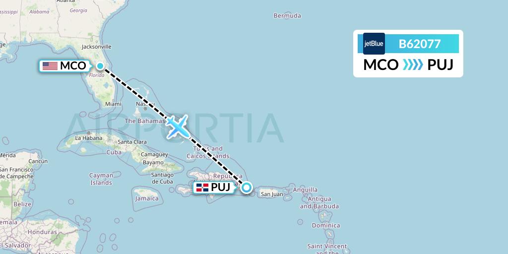 B62077 JetBlue Airways Flight Map: Orlando to Punta Cana