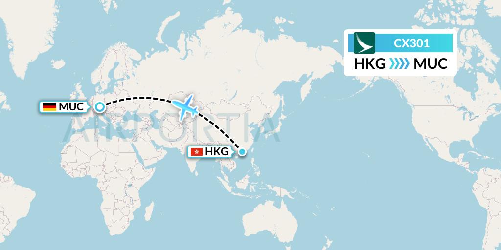 CX301 Cathay Pacific Flight Map: Hong Kong to Munich
